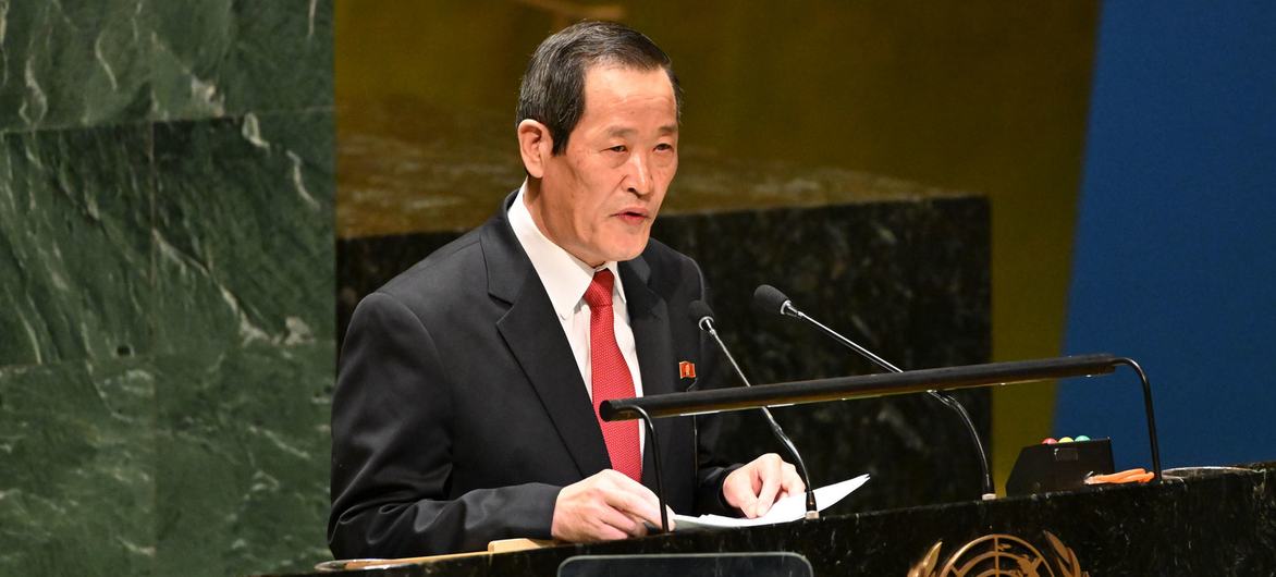 Ambassador Kim Song of the Democratic People’s Republic of Korea addresses the UN General Assembly.